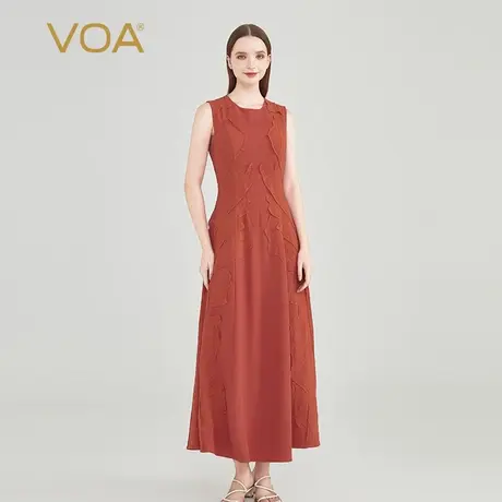 VOA重磅真丝长空锈红色明线拱针撞料乔其贴花对丝工艺无袖连衣裙图片