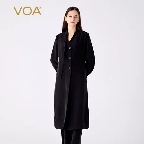 VOA30姆米重磅桑蚕丝黑色木耳边V领长袖三粒扣开叉百搭真丝风衣女商品大图