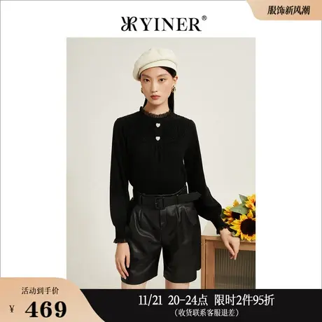 【美丽诺羊毛】YINER音儿线上专选女装冬蕾丝拼接爱心钉钻针织衫图片