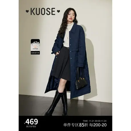 阔色藏蓝色薄棉服外套女2023新款秋冬翻领大衣长款棉衣风衣外套商品大图