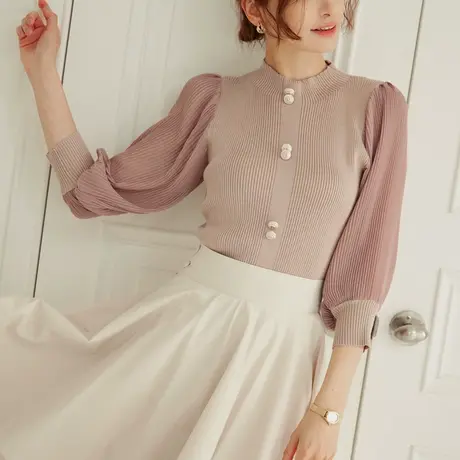 桔熊春秋季气质高级感百褶灯笼袖拼接针织衫立领上衣女大码FA2840图片