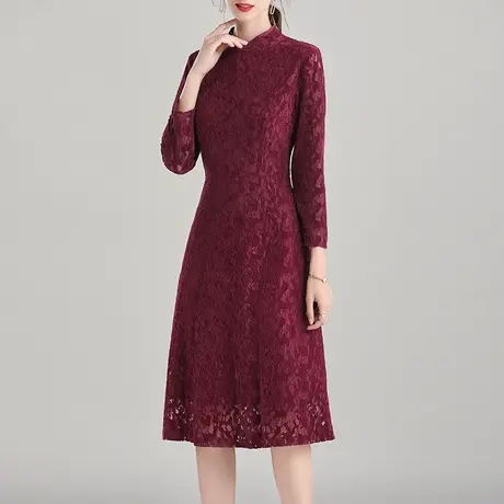 【1件7.9折】新款复古立领端庄蕾丝裙雅优雅中长款冬季打底连衣裙商品大图