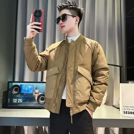 棒球领轻薄棉服外套男冬季纯色个性大口袋户外防寒机车服棉袄上衣图片