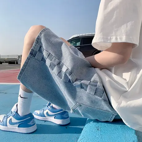 棋盘格牛仔短裤男夏季设计感小众潮牌五分裤子男外穿宽松美式中裤商品大图