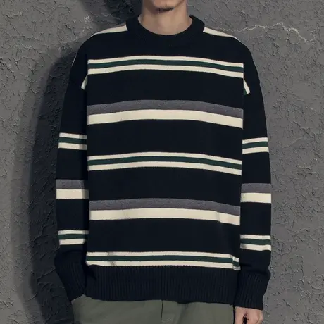 奕飏2020秋冬新款加厚宽松撞色条纹毛衣男士学生青少年套头针织衫图片