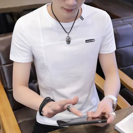 2023夏季新款韩版修身短袖t恤男士圆领白色帅气潮流打底衫半袖男商品大图