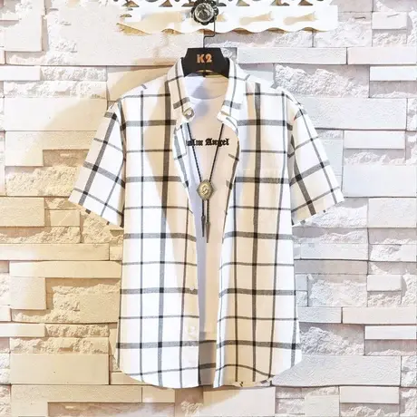 夏季男装短袖格子衬衫男士韩版潮流帅气衬衣学生ins休闲港风寸衫图片