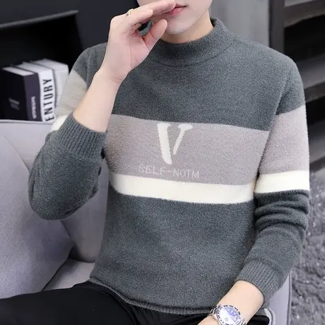 春秋季水貂绒毛衣男士半高领针织打底衫加绒加厚潮流保暖秋装线衣商品大图