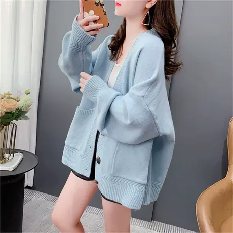 V领毛衣外套女秋冬2023新款韩版宽松加厚百搭慵懒风外穿针织开衫图片