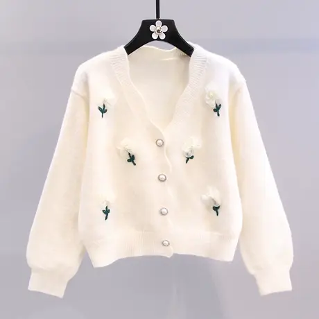 立体花朵V领毛衣外套女早秋2023新款日系宽松学院风减龄针织开衫商品大图