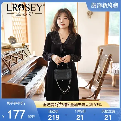 蓝若水大码女装秋季新款法式荷叶边V领小黑裙胖mm复古丝绒连衣裙图片