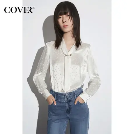 COVER春季醋酸圆点提花飘带衬衫图片