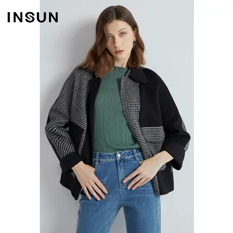 恩裳奥莱冬季撞色格纹绵羊毛宽松短款毛呢外套商品大图