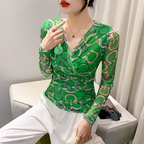2024春秋新款气质印花打底衫女长袖性感网纱上衣修身交叉V领T恤潮商品大图