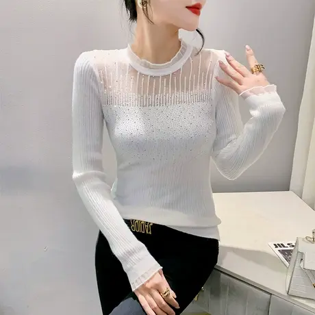 黑色网纱拼接圆领针织衫欧货钉珠烫钻上衣洋气修身减龄透气打底衫图片