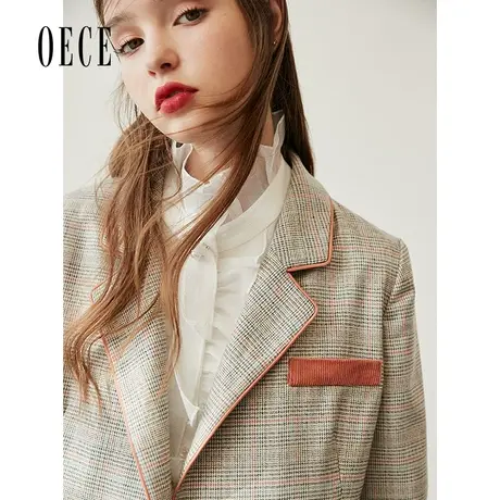 Oece甜美感小复古英伦西服春秋新款女装撞色格纹西装外套图片