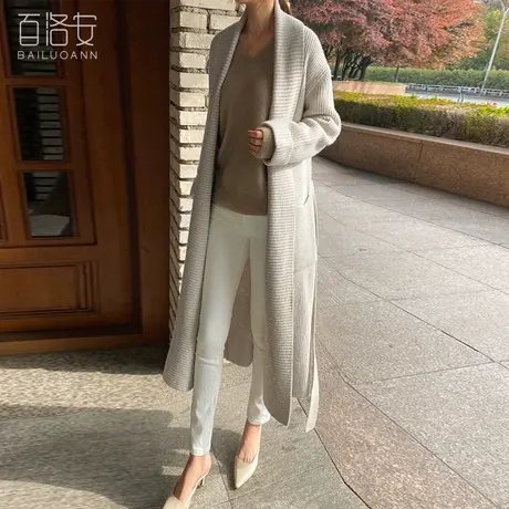 百洛安长款过膝毛衣外套女春装新款宽松大码纯色百搭针织大衣厚款图片