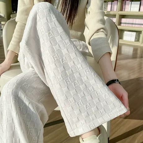 灯芯绒白色格子阔腿裤女2024秋冬新款高腰显瘦垂感直筒针织休闲裤商品大图