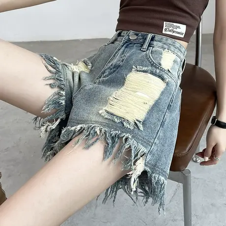 牛仔短裤女设计感小众夏季新款高腰a字宽松显瘦毛边辣妹阔腿热裤商品大图