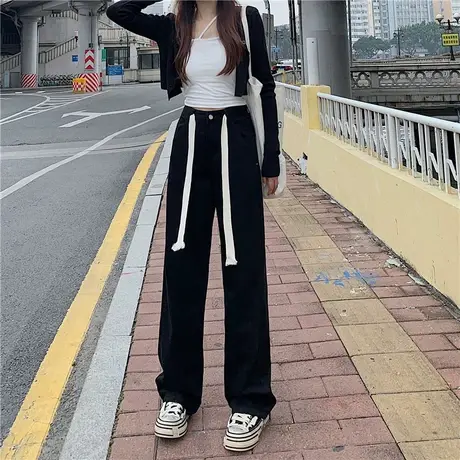 烟管牛仔裤女秋冬宽松设计感小众显瘦直筒高腰小个子阔腿裤潮ins图片