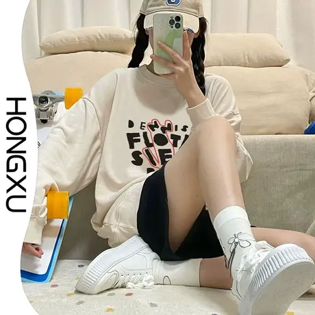 红续新款简约休闲风圆领套头卫衣女趣味字母印花上衣加厚百搭显瘦图片