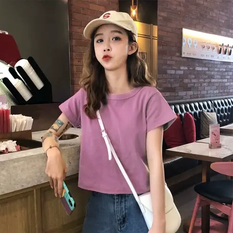 小衫2020夏新款纯棉短款显瘦露脐短袖t恤女修身纯色紫色上衣高腰图片