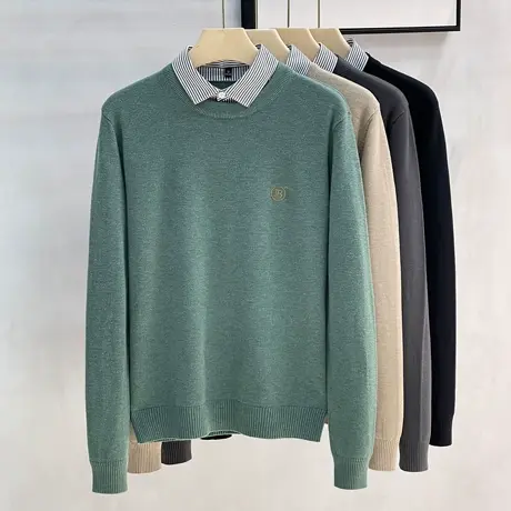 抗起球商务休闲双领针织衫男秋冬装假两件加厚刺绣黑色衬衫领毛衣图片