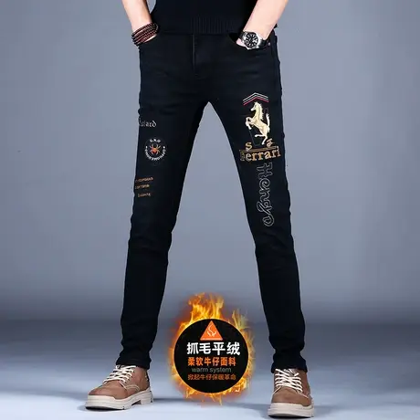 加绒黑色刺绣牛仔裤男款百搭裤子抓毛薄绒2023新款修身小脚秋冬季商品大图