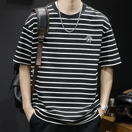 条纹黑白短袖t恤男士夏季宽松大码潮牌2024新款男装纯棉体恤男款商品大图