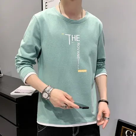 春天男士潮牌假两件长袖上衣服春秋款日系纯棉圆领T恤春季打底衫商品大图