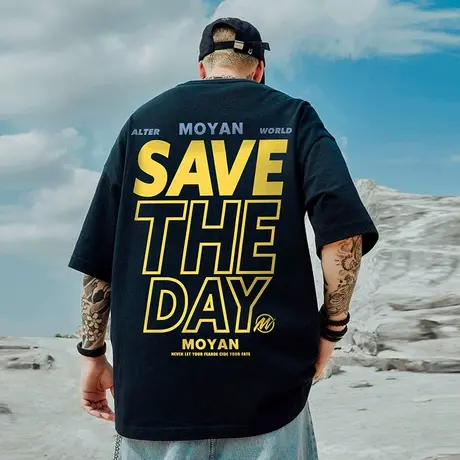 潮牌oversize短袖t恤男纯棉嘻哈大码情侣bf宽松胖子字母印花半袖商品大图