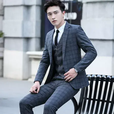 西服套装男士三件套修身韩版新郎结婚礼服商务正装英伦格子西装男商品大图