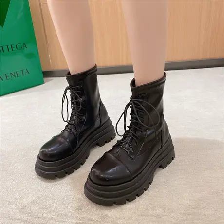 软皮系带瘦瘦靴女2023年秋季新款法式时尚洋气小个子高跟厚底短靴商品大图