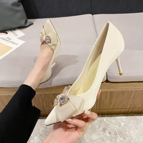 2024年春季新款气质尖头水钻蝴蝶结高跟鞋女细跟性感百搭职业单鞋图片
