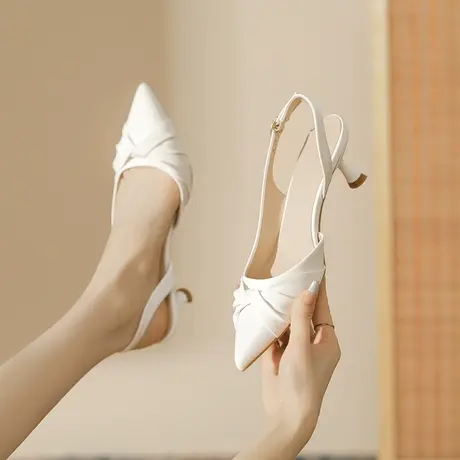 包头凉鞋女2024年夏季新款褶皱凉鞋中空后空一字式尖头细跟高跟鞋商品大图