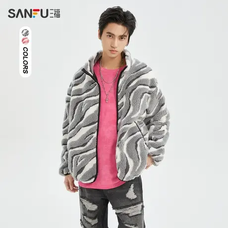 三福2023冬男士保暖羊羔绒夹克 街头潮流宽松翻领外套男477077商品大图