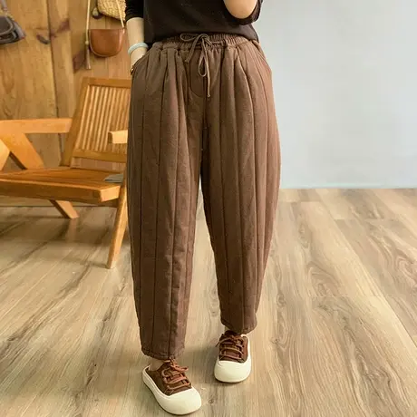 dza 宽松阔腿加棉长裤女冬加厚保暖棉裤纯色竖条铅笔裤休闲直筒裤图片