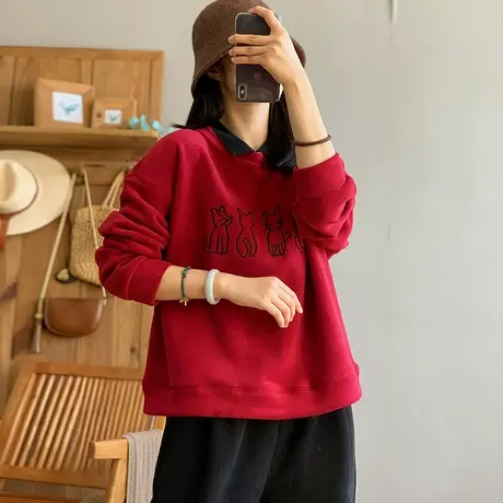 dza 复古翻领加绒卫衣女2023秋冬内搭打底宽松休闲显瘦文艺上衣女图片