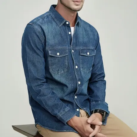 格慕施衬衫男长袖2023新款潮牌休闲牛仔工装纯棉衬衣男士外套秋款图片