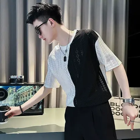 2023夏季男士潮牌撞色拼接t恤短袖半袖网眼镂空薄款透气半截袖ins商品大图