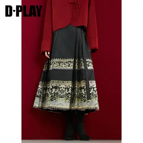 DPLAY秋季中国风重工压褶黑色金丝刺绣一片式国风马面裙半裙图片