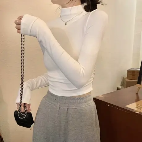 小个子短款德绒半高领打底衫女内搭秋冬修身长袖T恤褶皱上衣潮ins图片