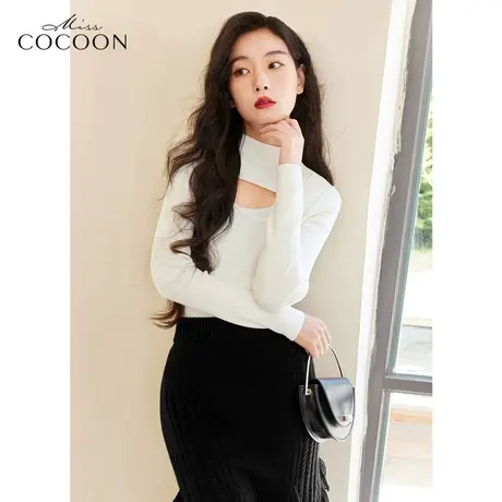 missCOCOON高级钉珠毛衣女春秋2023新款高领镂空设计感打底针织衫商品大图