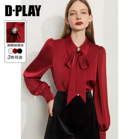 DPLAY2025年春季法式衬衫复古红色上衣蝴蝶结缎面衬衣图片