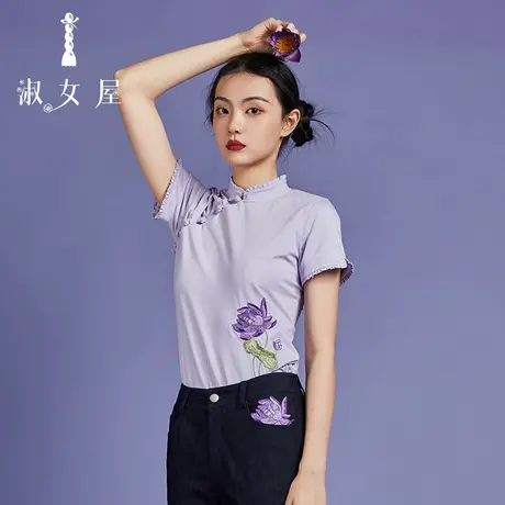 淑女屋旗舰店2022复刻经典荷塘月色中国风立领t恤商品大图