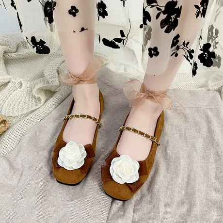 2024年复古新中式玫瑰花单鞋枯叶蝶禅意平底玛丽珍女鞋绒面绑带商品大图