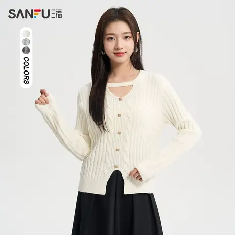 三福毛衣2024春季镂空圆领金属扣装饰宽松上衣女装482172图片