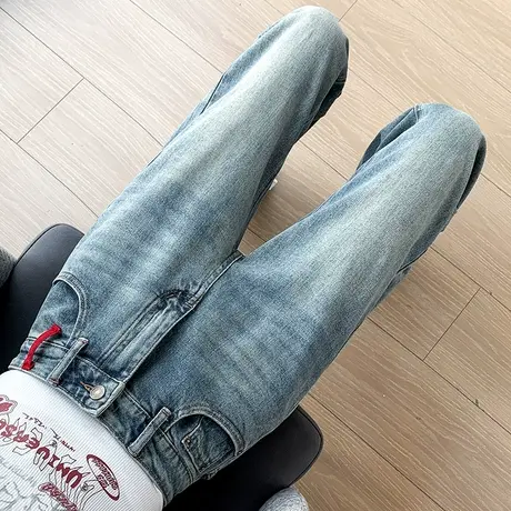 浅蓝色高腰直筒牛仔裤女2024年春秋新款宽松小个子遮胯窄版阔腿裤商品大图