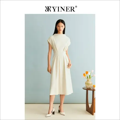 YINER音儿冬季女装含绵羊毛无束立领收褶收腰连衣裙商品大图