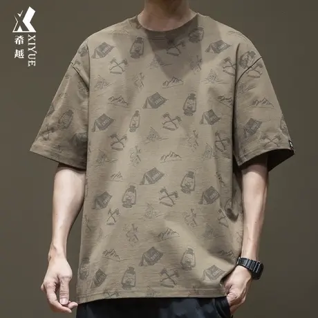 希越重磅230g满身印纯棉T恤男2024春夏新款宽松大码男士短袖上衣商品大图